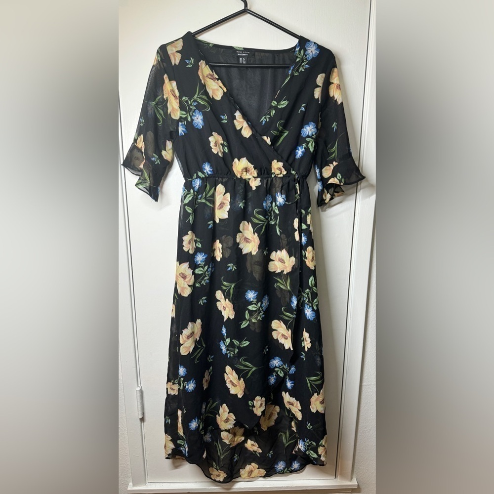 New Look Maternity Black Blue Yellow Floral Surplice Faux Wrap Midi Dress Size 4
